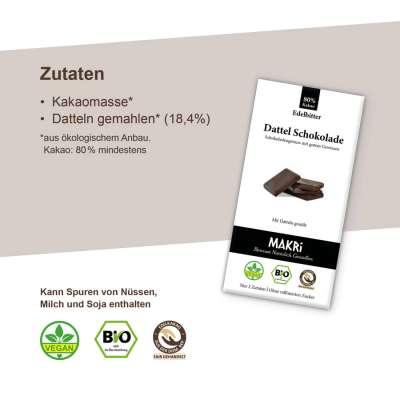 MAKRi Bio Dattel Schokolade – Edelbitter 80% 85g