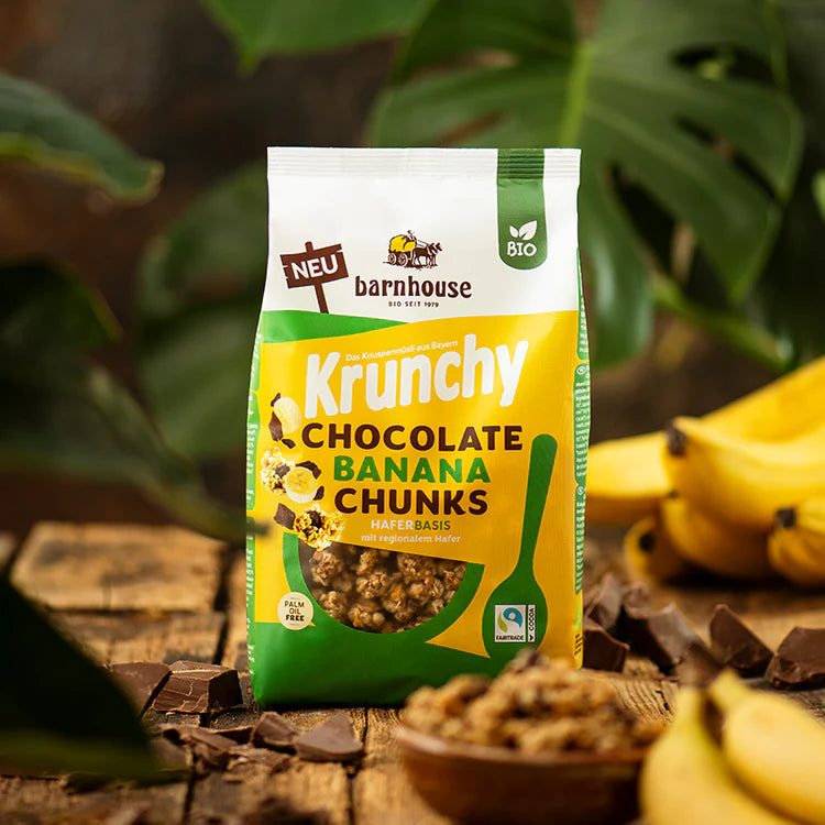 Krunchy Chocolate Banana Chunks Bio Hafer-Knuspermüsli mit Schokolade, Cornflakes und Bananen