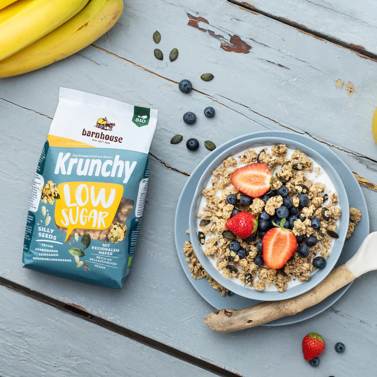 Krunchy Low Sugar Silly Seeds Bio Hafer-Knuspermüsli mit Kürbiskernen, Leinsamen, Sonnenblumenkernen und Sesam 375g