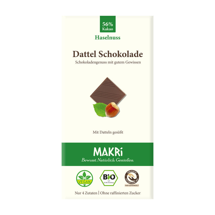MAKRi Bio Dattel Schokolade – Haselnuss 56% 85g
