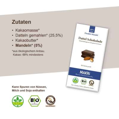 MAKRi Bio Dattel Schokolade – Dunkle Mandel 68% 85g